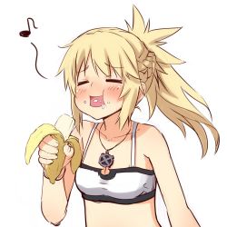 Rule 34 | 1girl, banana, blonde hair, braid, breasts, eating, fate/apocrypha, fate (series), female focus, food, french braid, fruit, happy, hondarai, jewelry, mordred (fate), mordred (fate/apocrypha), mordred (memories at trifas) (fate), necklace, ponytail, small breasts, solo, white background