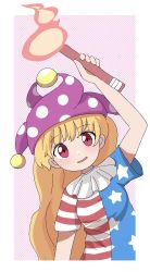 Rule 34 | 1girl, american flag shirt, arm up, blonde hair, blue shirt, border, breasts, clownpiece, fire, hair between eyes, hand up, hat, highres, iroha-kuro, long hair, looking at viewer, medium breasts, multicolored clothes, multicolored shirt, open mouth, pink background, pink eyes, polka dot, polka dot background, purple hat, red shirt, shirt, short sleeves, smile, solo, star (symbol), star print, striped clothes, striped shirt, torch, touhou, white background, white border, white shirt