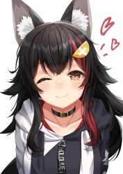 Rule 34 | 1girl, :3, ;), absurdres, animal collar, animal ear fluff, animal ears, black choker, black collar, black hair, blush, choker, closed mouth, collar, collarbone, flipped hair, hair ornament, hairclip, heart, highres, hololive, hood, hood down, hooded jacket, jacket, looking at viewer, multicolored clothes, multicolored hair, multicolored jacket, one eye closed, ookami mio, ookami mio (casual), red hair, simple background, smile, solo, starkamisan, streaked hair, two-tone jacket, upper body, virtual youtuber, white background, wolf ears