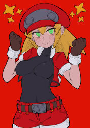 Rule 34 | 1girl, absurdres, black bodysuit, blonde hair, blush, bodysuit, bodysuit under clothes, breasts, buzzlyears, cabbie hat, covered collarbone, covered navel, cowboy shot, cropped jacket, green eyes, hat, highres, jacket, looking at viewer, medium breasts, mega man (series), mega man legends (series), open clothes, open jacket, red background, red hat, red jacket, red shorts, roll caskett (mega man), shorts, simple background, sleeves rolled up, smile, solo, star (symbol)