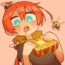 Rule 34 | 1girl, bee, blue eyes, blush, bow, bread, bread slice, bug, butter, drooling, food, hair bow, highres, holding, holding food, honey, insect, long hair, low ponytail, mouth drool, orange background, orange hair, original, shirt, short sleeves, solo, t-shirt, takurada, teeth, toast, upper body, upper teeth only
