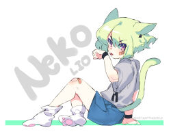 Rule 34 | 1boy, animal ears, bandaid, bandaid on face, bandaid on knee, bandaid on leg, black wristband, blue shorts, cat boy, cat ears, cat tail, character name, earrings, from side, green hair, grey shirt, highres, instanttnoodle, jewelry, kemonomimi mode, licking, licking hand, light blush, lio fotia, looking at viewer, male focus, paw socks, promare, purple eyes, shirt, short hair, shorts, simple background, single earring, sitting, solo, tail, tongue, tongue out, trap, triangle earrings, white background