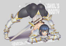 Rule 34 | 1girl, armor, asaki takayuki, ass, blue eyes, blue hair, boots, breasts, huge ass, jack-o&#039; challenge, large breasts, looking at viewer, sword, weapon