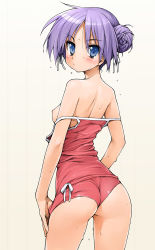 Rule 34 | 00s, 1girl, alternate hairstyle, ass, back, bare shoulders, blue eyes, blush, bow, breasts, clothes pull, double bun, hair bow, hair bun, hiiragi kagami, ishikei, looking back, lucky star, nipples, one-piece swimsuit, one-piece swimsuit pull, purple hair, sideboob, simple background, small breasts, solo, swimsuit, thighs, tsundere, tsurime, undressing, wet