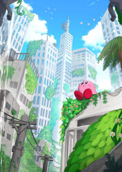 Rule 34 | :o, abandoned, bird, blue eyes, blue sky, blush, blush stickers, bronto burt, building, city, cloud, commentary request, day, flower, full body, gonzarez, gorilla, gorimondo, highres, kirby, kirby (series), kirby and the forgotten land, leaf, looking up, nintendo, no humans, open mouth, outdoors, overgrown, palm tree, plant, post-apocalypse, red footwear, ruins, scenery, shoes, sitting, sky, skyscraper, tree, utility pole, vines