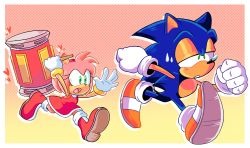 Rule 34 | 1boy, 1girl, amy rose, animal ears, animal nose, arms up, blue fur, blue hair, body fur, boots, border, chasing, checkered background, clenched hands, constricted pupils, dress, flat chest, fleeing, full body, furry, furry female, furry male, gloves, gradient background, green eyes, hairband, half-closed eyes, hammer, heart, highres, holding, holding hammer, huge weapon, knee boots, leg up, long hair, open mouth, orange footwear, outside border, toy hammer, pink background, pink fur, red dress, red footwear, red hairband, running, shoes, sidelocks, sideways mouth, simple background, sleeveless, sleeveless dress, socks, sonic (series), sonic rush, sonic the hedgehog, spiked hair, stellarspin, sweat, sweatdrop, tail, two-tone background, two-tone fur, weapon, white border, white gloves, white legwear, wide-eyed, yellow fur