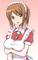 Rule 34 | 1girl, apron, breast hold, breast rest, breasts, brown eyes, brown hair, dog tags, futaba channel, gradient background, kudoi, looking at viewer, maid, maid apron, maid headdress, nijiura maids, simple background, solo, sweatdrop, takayaki