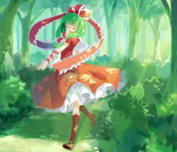 Rule 34 | 1girl, bow, bush, cross-laced footwear, closed eyes, female focus, front ponytail, green hair, hair bow, kagiyama hina, long hair, open mouth, puffy sleeves, shionty, short sleeves, solo, touhou, tree