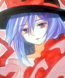 Rule 34 | 1girl, asymmetrical hair, black hat, blue hair, bow, capelet, closed eyes, commentary request, frills, hair between eyes, half-closed eyes, hat, hat bow, hat ribbon, head tilt, looking at viewer, matsuppoi, nagae iku, pink capelet, portrait, purple hair, red bow, red eyes, red ribbon, ribbon, shawl, short hair, sidelocks, solo, touhou