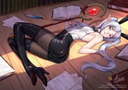 Rule 34 | 1girl, adsouto, animal ears, blue eyes, book, boots, bow, bowtie, breasts, elf, fake animal ears, frieren, full body, grey hair, high heels, highres, holding, holding staff, long hair, looking at viewer, lying, mage staff, nontraditional playboy bunny, on back, pages, pantyhose, parted lips, pointy ears, quill, rabbit ears, signature, sleeveless, small breasts, solo, sousou no frieren, staff, thigh boots, twintails, variant set, wooden floor