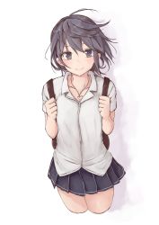 Rule 34 | 1girl, absurdres, ahoge, backpack, bag, black eyes, black hair, collared shirt, cropped legs, gradient background, heart, heart necklace, highres, holding strap, jewelry, necklace, no legs, original, rucchiifu, school uniform, shirt, short hair, skirt, smile, solo, white shirt