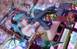 Rule 34 | 1girl, aqua hair, black gloves, black thighhighs, book, boots, chair, cup, drinking glass, earrings, elbow gloves, fang, from below, gloves, hatsune miku, highres, horns, jewelry, looking at viewer, open mouth, orange eyes, platform boots, platform footwear, sitting, skull, solo, tail, thighhighs, vocaloid, wine glass, wings, xuanlin jingshuang
