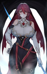 Rule 34 | 1girl, absurdres, bare shoulders, breasts, curvy, detached sleeves, elbow gloves, fishnet pantyhose, fishnets, from below, genshin impact, gloves, habit, hair between eyes, hand on own hip, highres, holding, holding weapon, large breasts, maskwolf, multicolored clothes, nun, pantyhose, pelvic curtain, purple pantyhose, red eyes, red hair, rosaria (genshin impact), two-tone dress, veil, weapon, white gloves