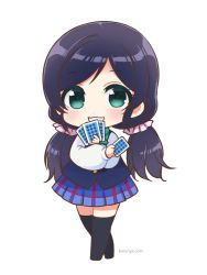 Rule 34 | 10s, 1girl, black thighhighs, blue skirt, car, card, chibi, green eyes, holding, holding card, jacket, koruri, looking at viewer, love live!, love live! school idol project, motor vehicle, plaid, plaid skirt, purple hair, school uniform, simple background, skirt, smile, solo, tarot, thighhighs, thighs, tojo nozomi, twintails, vehicle, white background, zettai ryouiki