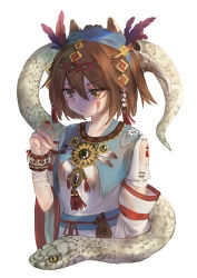 Rule 34 | 1girl, adapted costume, alternate costume, breasts, bug, closed mouth, denpajin-ryuushi, detached sleeves, facial tattoo, feather hair ornament, feathers, hair ornament, hairband, highres, insect, jewelry, ladybug, looking at animal, medium breasts, necklace, short hair, snake, solo, suzumiya haruhi, suzumiya haruhi no yuuutsu, tattoo, tribal, upper body, white background