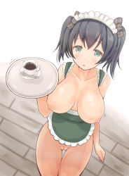 Rule 34 | 10s, 1girl, apron, arykei, black hair, blush, breasts, breasts apart, breasts out, frills, green eyes, highres, kantai collection, large breasts, looking at viewer, maid headdress, naked apron, nipples, open mouth, purple hair, pussy, short hair, solo, souryuu (kancolle), standing, thigh gap, tray, twintails, uncensored