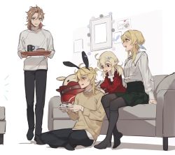Rule 34 | 2boys, 2girls, :q, aether (genshin impact), albedo (genshin impact), alternate costume, animal ears, black pants, blonde hair, brown hair, casual, controller, couch, crossed legs, dress, fake animal ears, game controller, genshin impact, green skirt, hair ornament, highres, holding, indoors, jumpy dumpty, k young03, klee (genshin impact), long sleeves, low twintails, lumine (genshin impact), multiple boys, multiple girls, on floor, open mouth, pants, pantyhose, playing games, pointy ears, rabbit ears, red dress, red eyes, shirt, short hair with long locks, sitting, skirt, socks, standing, sweater, tongue, tongue out, tray, turtleneck, turtleneck sweater, twintails, yellow eyes
