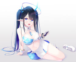 Rule 34 | 1girl, absurdres, alternate costume, alternate hairstyle, arm support, bare shoulders, black hair, blue archive, blue eyes, blue hair, blue skirt, breasts, colored inner hair, gloves, grey background, halo, highres, large breasts, looking at viewer, midorino eni, millennium cheerleader outfit (blue archive), multicolored hair, nail polish, navel, open mouth, partially fingerless gloves, pleated skirt, pointy ears, rin (blue archive), shoes, unworn shoes, single glove, sitting, skirt, slit pupils, sneakers, solo, stomach, swept bangs, thighs, twintails, two-tone hair, white footwear, white skirt, yokozuwari