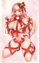 Rule 34 | 1girl, bad id, bad pixiv id, bare shoulders, beads, blush, bow, breasts, brown hair, christmas, christmas ornaments, cleavage, closed mouth, full body, groin, hair bow, highres, holding, kneeling, large breasts, long hair, looking at viewer, mouth hold, nail polish, nakano kaori, naked ribbon, navel, official art, palms, pink nails, pom pom (clothes), purple eyes, re:shimashima, red background, red bow, red footwear, red ribbon, ribbon, ribbon in mouth, shiny skin, shoes, smile, snowflakes, solo, star (symbol), stomach, tail, tokyo exe girls
