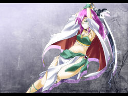 Rule 34 | 1990s (style), 1girl, armpits, arms up, bare shoulders, cape, faris scherwiz, final fantasy, final fantasy v, green eyes, half mask, jewelry, letterboxed, long hair, luna phase, mask, midriff, mouth mask, mouth veil, mystic knight, navel, necklace, purple hair, retro artstyle, skirt, solo, sword, tiara, veil, weapon, yuuki eishi