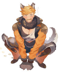 Rule 34 | 1boy, animal ears, bara, belt, black pants, black tank top, blonde hair, blush, commentary, cookie, english commentary, food, food in mouth, full body, fur-trimmed belt, fur collar, granblue fantasy, green eyes, halloween costume, higashigunkan, highres, large pectorals, looking at viewer, male focus, mixed-language commentary, muscular, muscular male, official alternate costume, pants, pectoral cleavage, pectorals, shirt, short hair, simple background, solo, tail, tank top, torn clothes, torn shirt, translation request, vane (granblue fantasy), vane (halloween) (granblue fantasy), white background, white shirt, wolf boy, wolf ears, wolf paws, wolf tail