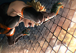 Rule 34 | 1boy, absurdres, bakugou katsuki, bare shoulders, blonde hair, blurry, boku no hero academia, chain-link fence, cloud, cloudy sky, covered face, crying, depth of field, detached sleeves, fence, gloves, head down, highres, leaning forward, male focus, mitsuru (aica hikari), open mouth, outdoors, outstretched arms, perspective, sad, sidelighting, sky, sobbing, solo, spiked hair, star (sky), streaming tears, tears, teeth, toned, toned male, twilight, two-tone gloves, wire, wrist guards