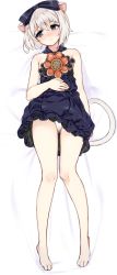 Rule 34 | 10s, 1girl, animal ears, animal hands, bad id, bad twitter id, bare arms, bare legs, bare shoulders, barefoot, bed sheet, black dress, black ribbon, blade &amp; soul, blue eyes, blush, bow, brown hair, cameltoe, cat ears, closed mouth, dress, facing viewer, female focus, from above, full body, hair between eyes, hair ornament, hair ribbon, highres, lying, lyn (blade &amp; soul), on back, panties, ribbon, short dress, short hair, solo, strapless, strapless dress, tama (tamatamo), tearing up, tears, underwear, white panties