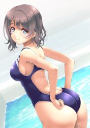 Rule 34 | 1girl, adjusting clothes, adjusting swimsuit, ass, blue eyes, blue one-piece swimsuit, breasts, competition swimsuit, cowboy shot, dutch angle, frapowa, grey hair, indoors, looking at viewer, looking back, love live!, love live! sunshine!!, medium breasts, one-piece swimsuit, pool, short hair, sideboob, smile, solo, swimsuit, watanabe you, wet, wet clothes, wet swimsuit