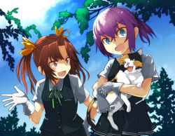 Rule 34 | 10s, 2girls, :3, :d, ahoge, animal, animal ears, blouse, blue eyes, blue sky, brown hair, buttons, cat, cat ears, cloud, day, fangs, gloves, green ribbon, hair between eyes, hair ornament, hair ribbon, hand on own hip, holding, kagerou (kancolle), kantai collection, long hair, multiple girls, neck ribbon, open hand, open mouth, outdoors, pink hair, plant, pleated skirt, ponytail, red ribbon, ribbon, school uniform, shiranui (kancolle), shirt, short hair, short ponytail, skirt, sky, smile, tail, tree, twintails, umoo futon, vest, white gloves, white shirt, yellow ribbon