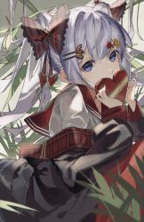 Rule 34 | 1girl, black jacket, blue eyes, bow, commentary, covering own mouth, fern, grey bow, grey hair, hair bow, hair ornament, hairclip, highres, holding, jacket, karasuro, leaf, long hair, looking at viewer, off shoulder, original, red bow, red sailor collar, sailor collar, school uniform, serafuku, shirt, sidelocks, simple background, smiley face, striped, striped bow, symbol-only commentary, twintails, upper body, valentine, white background, white shirt