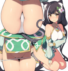 Rule 34 | 1girl, alternate costume, animal ear fluff, animal ears, black hair, blush, breasts, bridal gauntlets, brown eyes, cat ears, cat girl, cat tail, dress, fang, flower, gin00, hair flower, hair ornament, highres, jewelry, karyl (princess connect!), long hair, looking at viewer, low twintails, medium breasts, multicolored hair, multiple views, panties, princess connect!, simple background, sitting, skin fang, streaked hair, tail, twintails, underwear, wavy mouth, white background, white hair, white panties