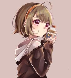 Rule 34 | 1girl, :t, bad id, bad pixiv id, blush, bottle, brown background, brown hair, brown shirt, closed mouth, commentary request, fingernails, hairband, hands up, highres, holding, holding bottle, hood, hood down, hooded jacket, jacket, long sleeves, looking away, looking to the side, naoton, off shoulder, orange hairband, original, pout, shirt, short hair, simple background, sleeves past wrists, solo, upper body, white jacket