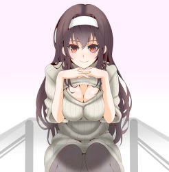 Rule 34 | 1girl, black hair, breasts squeezed together, breasts, head rest, cleavage, cleavage cutout, clothing cutout, glass table, hairband, kasumigaoka utaha, kurosawa, long hair, meme attire, open-chest sweater, pantyhose, red eyes, ribbed sweater, saenai heroine no sodatekata, sitting, solo, sweater, table