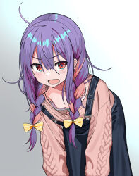 Rule 34 | 1girl, absurdres, ahoge, blue overalls, blush, bow, bra, braid, breasts, brown sweater, collarbone, downblouse, gradient background, hair between eyes, hair bow, hair over shoulder, highres, leaning forward, long hair, long sleeves, looking at viewer, lower teeth only, messy hair, multicolored hair, nipple slip, nipples, open mouth, original, overalls, purple hair, red eyes, sidelocks, small breasts, solo, striped, striped bow, sweater, teeth, twin braids, two-tone hair, underwear, urushiushiru, v-shaped eyebrows, yellow bow