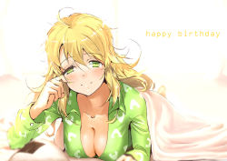 Rule 34 | 1girl, ahoge, blonde hair, blush, breasts, cleavage, collarbone, downblouse, dress shirt, green eyes, hair between eyes, happy birthday, hoshii miki, idolmaster, idolmaster (classic), jyon, long hair, looking at viewer, lying, medium breasts, on stomach, open clothes, open shirt, shirt, smile, solo, under covers