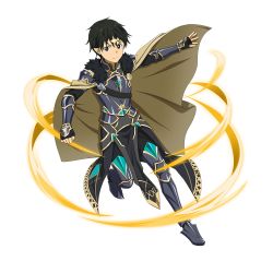 Rule 34 | 1boy, armor, armored boots, black eyes, black footwear, black gloves, black hair, black pants, boots, breastplate, brown cape, cape, closed mouth, cosplay request, fingerless gloves, fur cape, gloves, hair between eyes, highres, kirito, kirito (sao-alo), looking at viewer, male focus, official art, pants, pointy ears, short hair, solo, sword art online, sword art online: memory defrag, thigh boots, thighhighs, transparent background