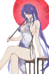 Rule 34 | 1girl, absurdres, acheron (honkai: star rail), bare arms, bare shoulders, china dress, chinese clothes, commentary, crossed legs, dress, feet out of frame, hair over one eye, highres, holding, holding umbrella, honkai: star rail, honkai (series), long hair, looking at viewer, purple eyes, purple hair, red umbrella, simple background, sitting, sleeveless, sleeveless dress, solo, thighs, umbrella, very long hair, wawamachi (wawamachis), white background, white dress