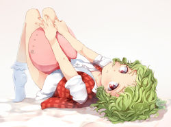 Rule 34 | 1girl, aged down, blush, bottomless, bridging, from behind, full body, glute bridge, green hair, kazami yuuka, knees up, looking at viewer, looking back, lying, messy hair, no panties, no shoes, on back, open clothes, open vest, parted lips, pillow, plaid, red eyes, ripu (lipi), shirt, short hair, short sleeves, socks, solo, tiptoes, touhou, vest, wavy hair, white background, white shirt, white socks