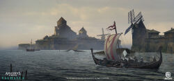 Rule 34 | 6+boys, assassin&#039;s creed: valhalla, assassin&#039;s creed (series), building, company name, concept art, copyright name, dechambo, european architecture, fortress, grey sky, highres, multiple boys, outdoors, shield, ship, sky, water, watercraft, watermark, windmill