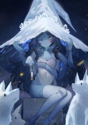 Rule 34 | 1girl, adjusting clothes, adjusting headwear, bare shoulders, bell, blue eyes, blue hair, blue skin, blush, breasts, cleavage, closed mouth, colored skin, covering navel, crack, cracked skin, doll joints, elden ring, extra arms, fuyouchu, glowing tattoo, handbell, hat, highleg, highleg leotard, holding, joints, large hat, leotard, long hair, looking at viewer, night, one eye closed, parted bangs, ranni the witch, sidelocks, sitting, small breasts, solo, thighhighs, very long hair, wavy hair, white hat, white leotard, white thighhighs, witch, witch hat
