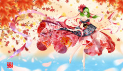 Rule 34 | 1girl, alternate costume, autumn, bad id, bad pixiv id, bare shoulders, barefoot, blurry, bow, breasts, dclockwork, depth of field, front ponytail, green eyes, green hair, hair bow, hair ribbon, highres, japanese clothes, kagiyama hina, kimono, large breasts, leaf, long hair, matching hair/eyes, off shoulder, ribbon, solo, standing, standing on liquid, tiptoes, touhou, water