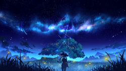Rule 34 | 1girl, absurdres, black hair, blue hat, blurry, blurry foreground, bug, commentary request, depth of field, falling star, fireflies, firefly, from behind, galaxy, genshin impact, grass, hat, highres, insect, long hair, magic circle, mona (genshin impact), mountain, mountainous horizon, night, night sky, outdoors, scenery, sky, solo, standing, star (sky), starry sky, tree, twintails, witch hat, zi13591
