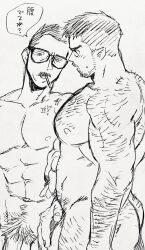 Rule 34 | 2boys, abs, alternate facial hair, arm hair, ass hair, bara, beard, billy russell (dickfish), blush, chest hair, completely nude, couple, covering privates, covering crotch, dickfish (fishismdick), facial hair, flaccid, from side, glasses, hairy, head tilt, highres, john rottweil (dickfish), large hands, large pectorals, leg hair, looking at another, male focus, male pubic hair, mature male, multiple boys, muscular, muscular male, mustache, navel, navel hair, nipples, nude, original, out-of-frame censoring, pectorals, penis, pubic hair, scan, short hair, sideburns, sketch, stomach, stubble, sweatdrop, thick eyebrows, traditional media, translation request, undercut, yaoi