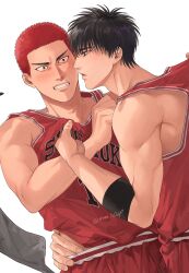 Rule 34 | 2boys, absurdres, bara, black hair, clenched teeth, highres, looking at another, male focus, multiple boys, muscular, muscular male, om3632f, parted lips, red hair, red shorts, red tank top, rukawa kaede, sakuragi hanamichi, short hair, shorts, simple background, slam dunk (series), tank top, teeth, twitter username, white background, yaoi
