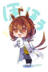 Rule 34 | 1girl, :3, afterimage, agnes tachyon (umamusume), ahoge, animal ears, black pantyhose, blush, boots, brown hair, earrings, hair intakes, hand up, highres, horse ears, horse girl, horse tail, jewelry, lab coat, medium hair, mocha (mochaxgm), motion lines, open mouth, orange eyes, pantyhose, single earring, sleeves past fingers, sleeves past wrists, smile, solo, sparkle, standing, sweater, tail, tail wagging, test tube, umamusume, v-shaped eyebrows, white footwear, yellow sweater