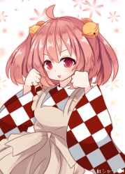 Rule 34 | 1girl, ahoge, apron, artist name, bell, beni shake, checkered clothes, checkered kimono, hair bell, hair ornament, japanese clothes, kimono, motoori kosuzu, pink hair, red eyes, short hair, smile, solo, touhou, twintails, two side up, wide sleeves