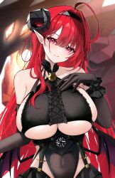 Rule 34 | 1girl, absurdres, ahoge, azur lane, bare shoulders, black gloves, black horns, breasts, center cross lace, center frills, clothing cutout, commentary request, covered navel, curled horns, demon girl, demon wings, elbow gloves, frilled gloves, frills, gloves, hair between eyes, hand on own chest, highres, hindenburg (azur lane), horns, huge breasts, large breasts, long hair, looking at viewer, mole, mole under eye, non-humanoid robot, pink eyes, pointy ears, red eyes, red hair, robot, robot dragon, sideboob, smile, solo, underboob, underboob cutout, very long hair, wings, world of warships, yamaha tsui