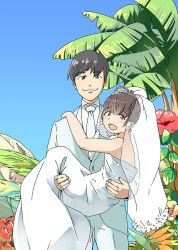 Rule 34 | 1boy, 1girl, black hair, brown hair, carrying, croixsan, day, dress, earrings, formal, jewelry, necktie, open mouth, outdoors, princess carry, smile, suit, veil, wedding dress, white suit