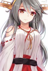 Rule 34 | 10s, 1girl, brown eyes, collarbone, detached sleeves, from below, frown, grey hair, hair ornament, hairband, hairclip, haruna (kancolle), highres, kantai collection, long hair, looking at viewer, nahaki, nontraditional miko, signature, simple background, sin-poi, solo, white background