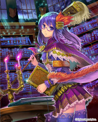 Rule 34 | 1girl, blue thighhighs, book, bookshelf, braid, candle, cape, glasses, hair ornament, hmk84, holding, holding book, jewelry, light particles, long hair, lots of jewelry, purple eyes, purple hair, single braid, solo, table, tenkuu no crystalia, thighhighs, watermark, window
